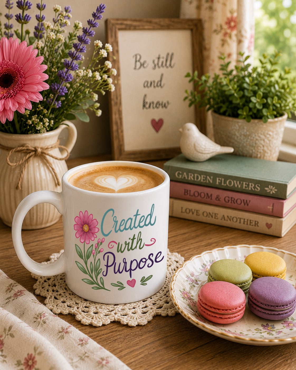 Ceramic Mug — 'Created with Purpose' Floral Inspirational Coffee Cup (11oz, 15oz)