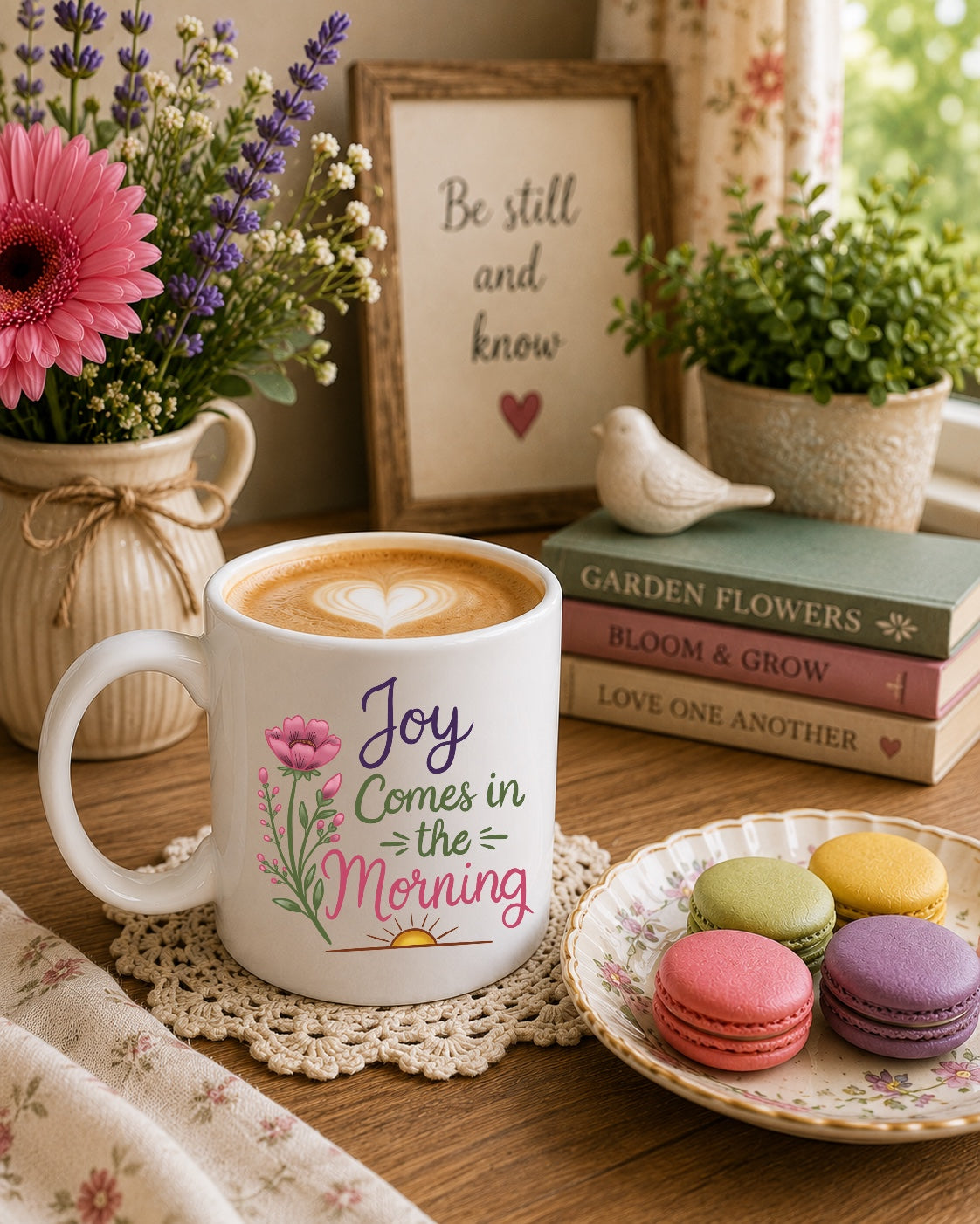 Joy Comes in the Morning Ceramic Mug — Botanical Coffee Tea Cup (11oz & 15oz)