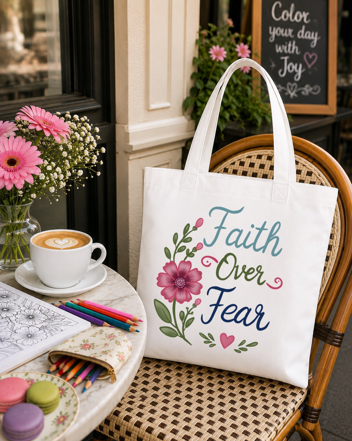 Faith Over Fear Floral Tote Bag — Inspirational Scripture Canvas Bag