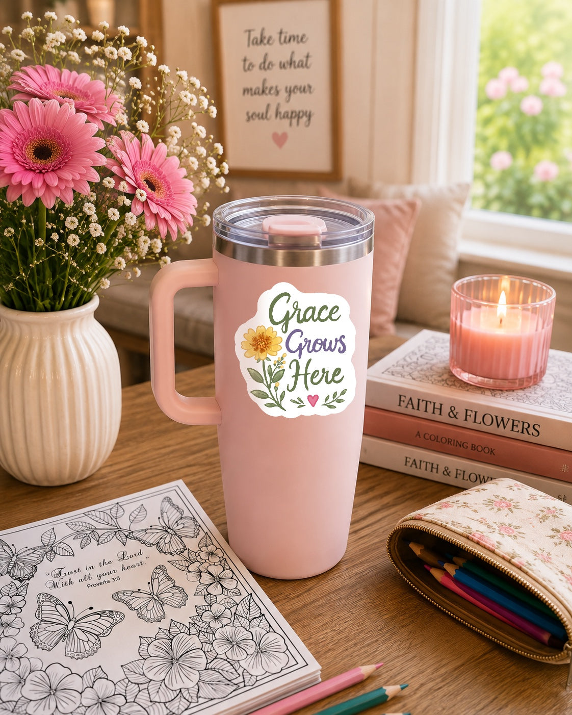 Grace Grows Here Floral Sticker — Inspirational Kiss-Cut Vinyl Sticker