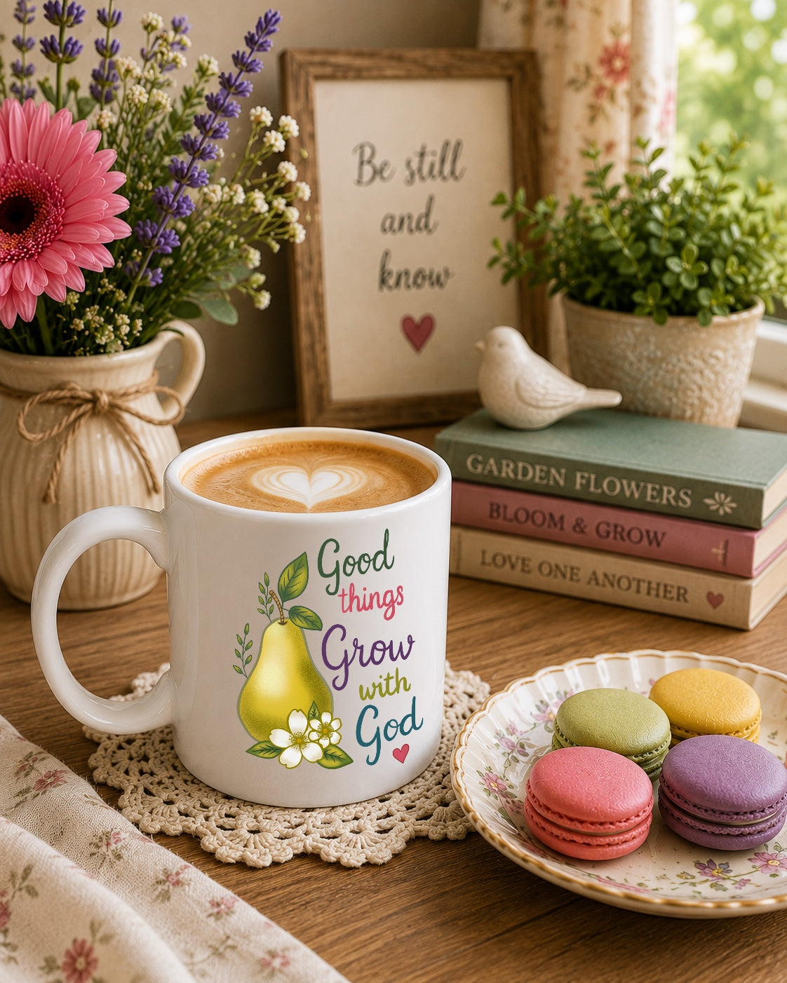 Good Things Grow with God Ceramic Mug — Hand Painted Pear Coffee Tea Cup (11oz & 15oz