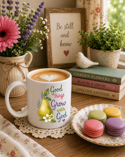 Good Things Grow with God Ceramic Mug — Hand Painted Pear Coffee Tea Cup (11oz & 15oz