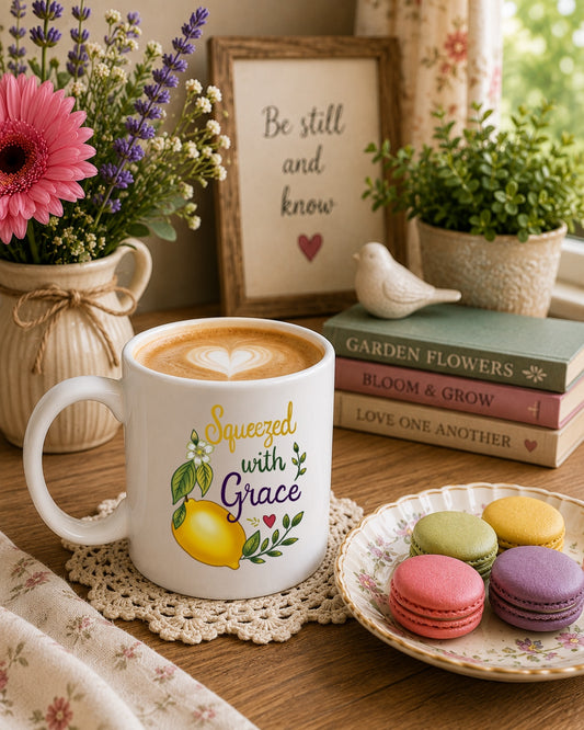 Squeezed With Grace Ceramic Mug — Botanical Coffee Tea Cup (11oz & 15oz)