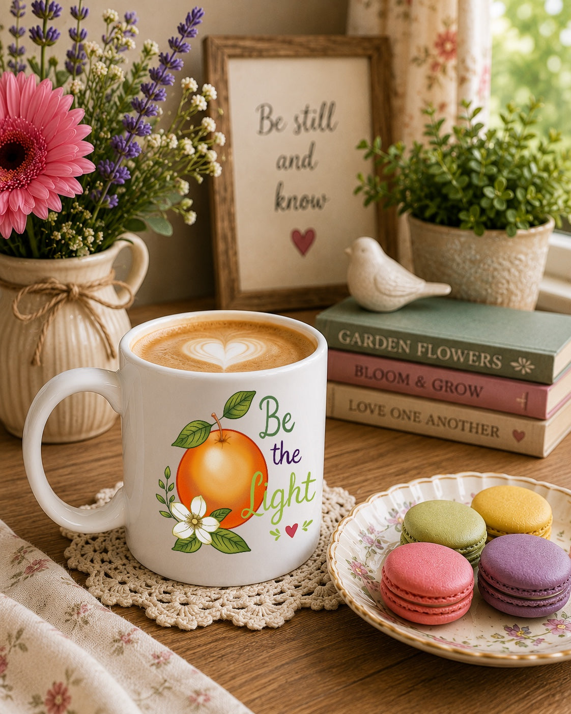 Inspirational Orange Blossom Ceramic Mug — "Be the Light" Motivational Coffee Cup (11oz & 15oz)