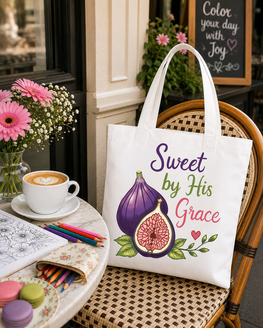 Sweet by His Grace Tote Bag — Faith-Inspired Fig Illustration