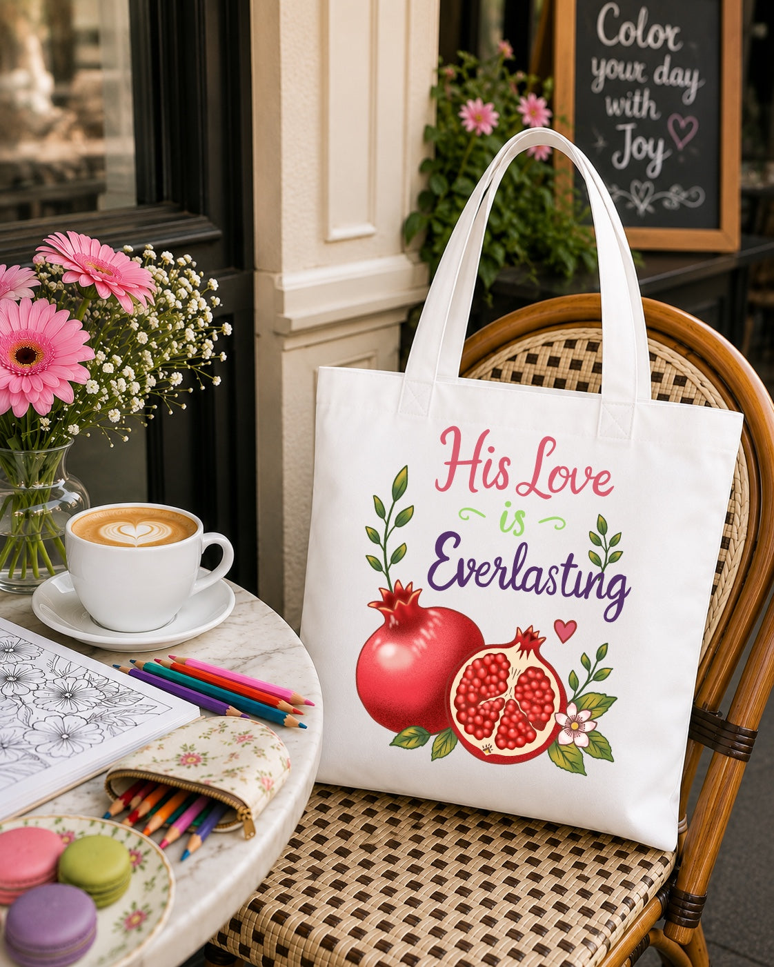 His Love Is Everlasting Pomegranate Tote Bag — Christian Floral Grocery Tote