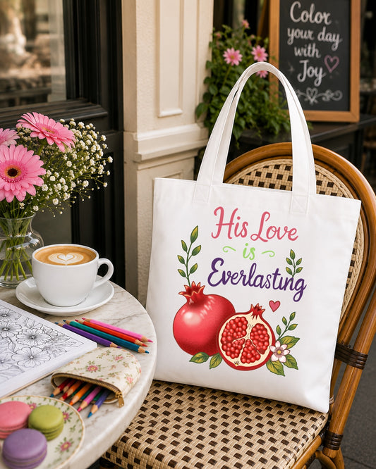 His Love Is Everlasting Pomegranate Tote Bag — Christian Floral Grocery Tote