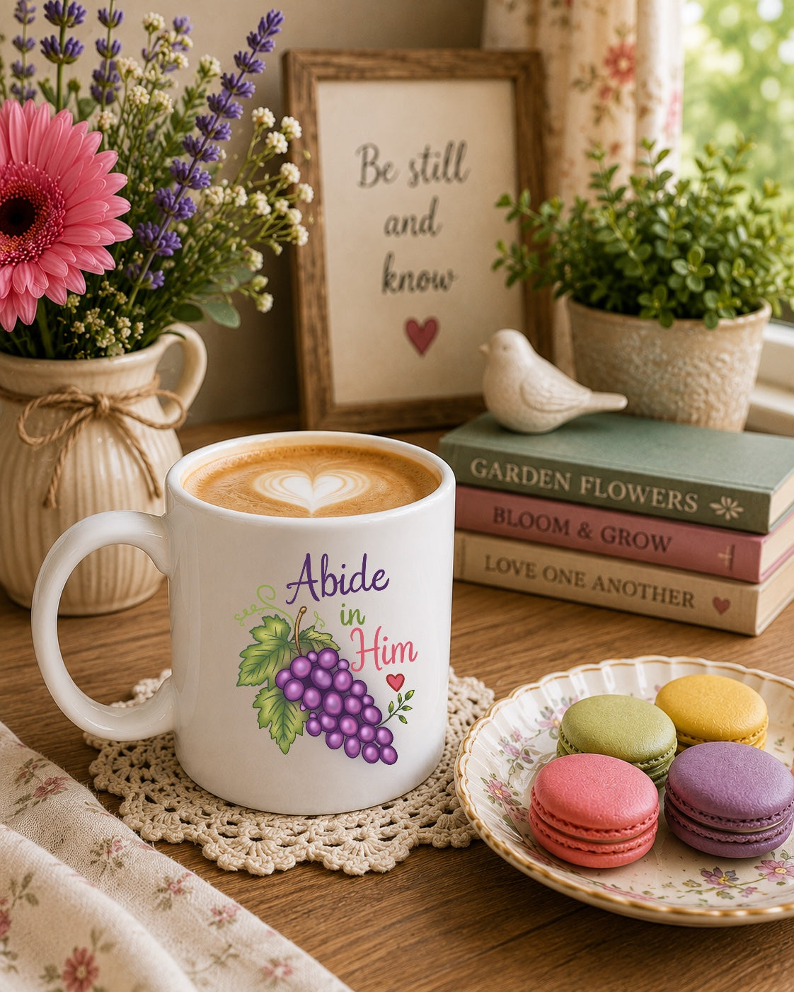 Abide in Him Ceramic Mug — Hand Painted Grapes Coffee Tea Cup (11oz & 15oz