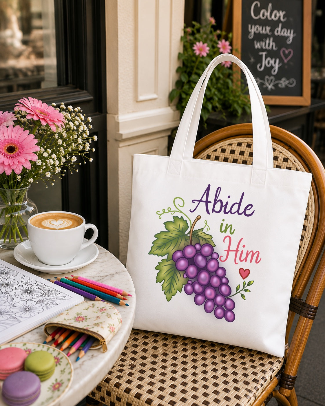 Abide in Him Tote Bag — Christian Inspirational Grape Design