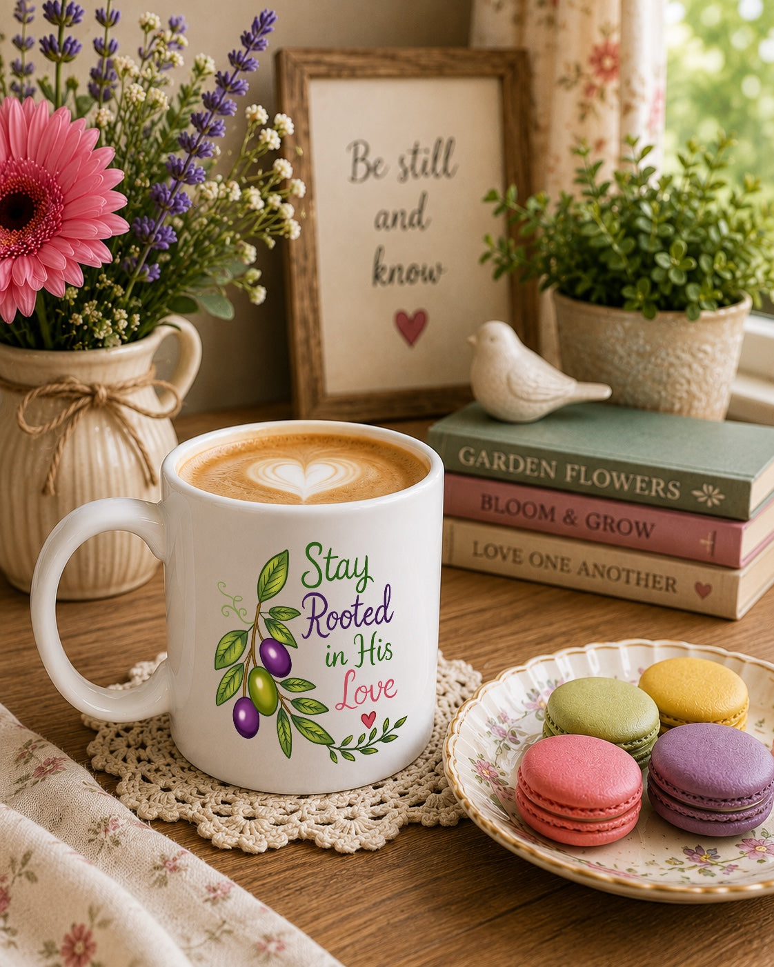 Stay Rooted in His Love Ceramic Mug — Botanical Coffee Tea Cup (11oz & 15oz)