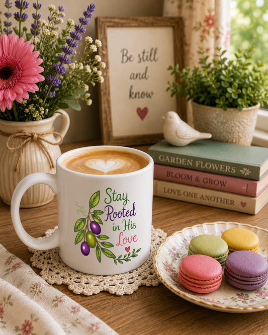 Stay Rooted in His Love Ceramic Mug — Botanical Coffee Tea Cup (11oz & 15oz)