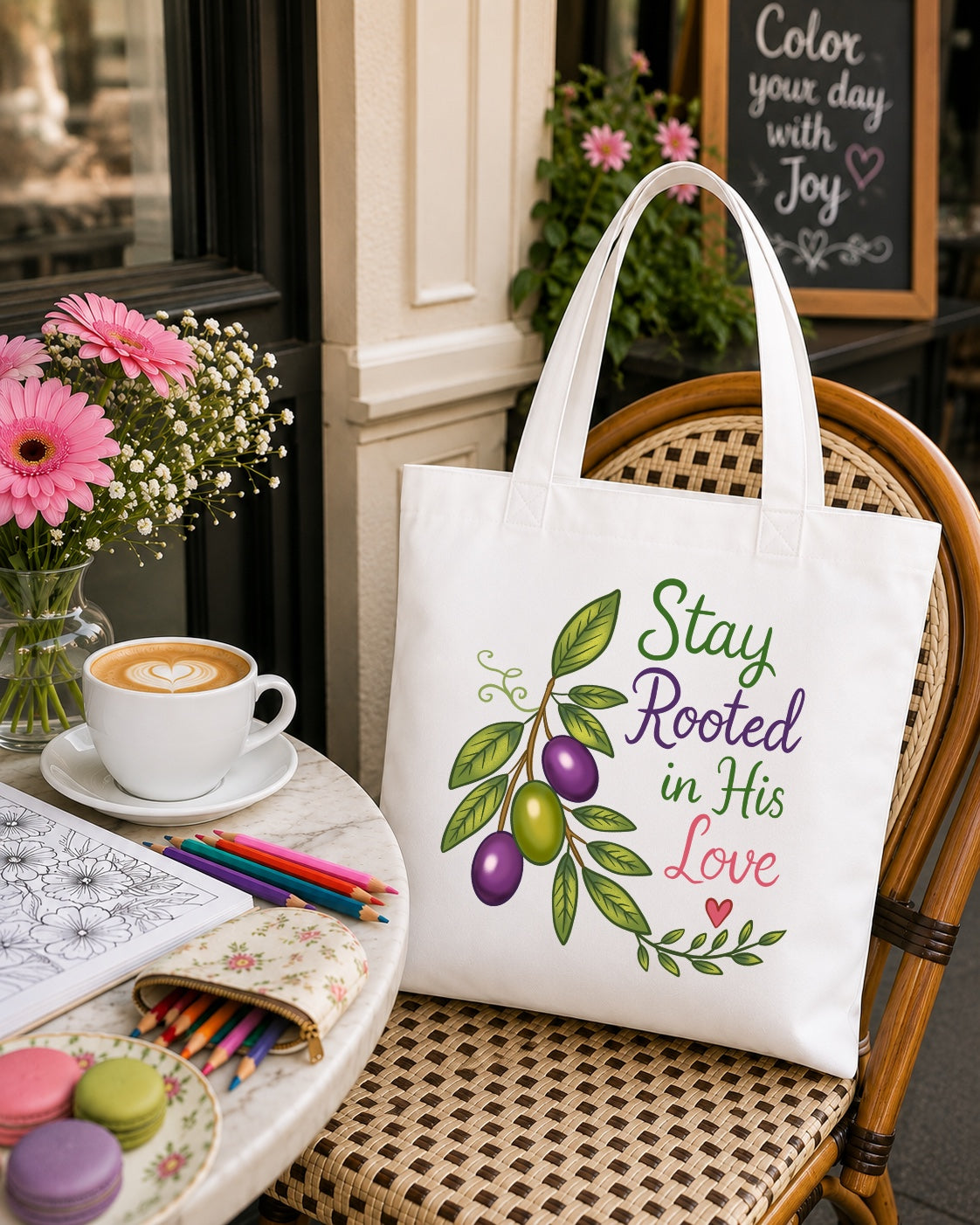 Stay Rooted in His Love Tote Bag — Faith-Based Olive Branch Canvas Tote