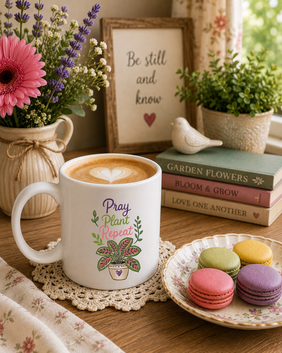 Inspirational Floral Ceramic Mug — "Pray Plant Repeat" Coffee Cup (11oz & 15oz)