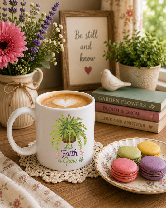 Let Faith Grow Ceramic Mug — Botanical Coffee Tea Cup (11oz & 15oz)