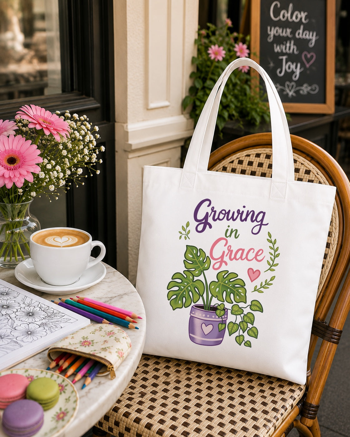 Growing in Grace Plant Tote Bag – Floral Monstera Illustration, Inspirational Gift