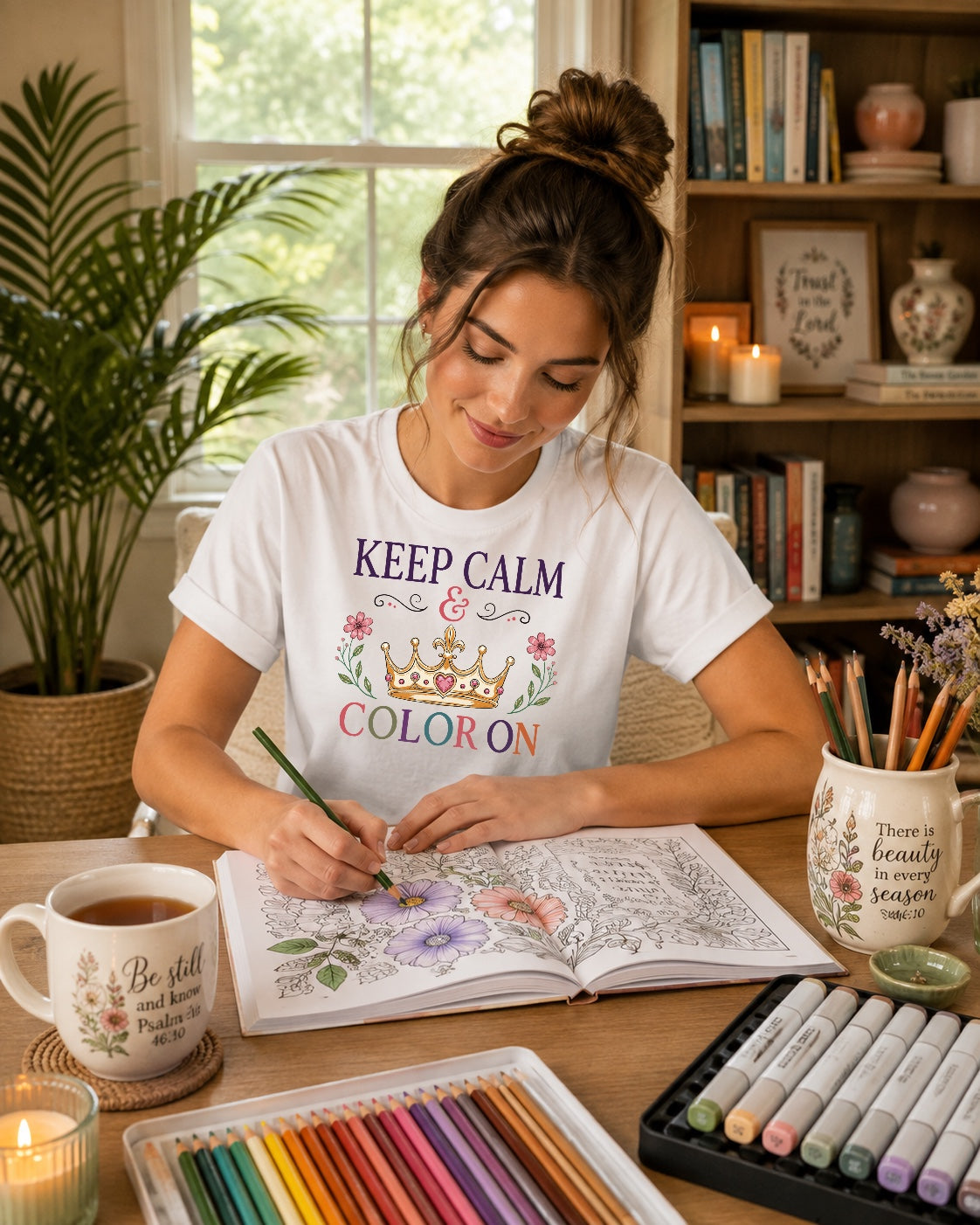 Keep Calm & Color On T-Shirt — Floral Crown Coloring Therapy Tee