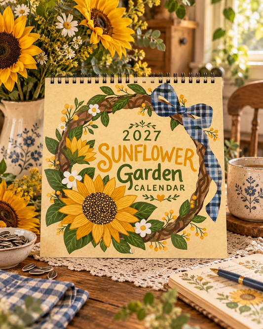 2027 Sunflower Garden Calendar, Folk Art Botanical Art, Cottagecore Floral Calendar