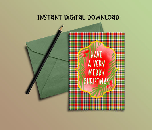 Merry and Bright Christmas Plaid Christmas Card - Instant Digital Download