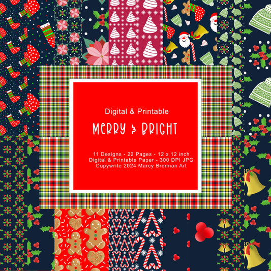 Merry & Bright Christmas 12x12 Inch Paper Pack Instant Digital Download