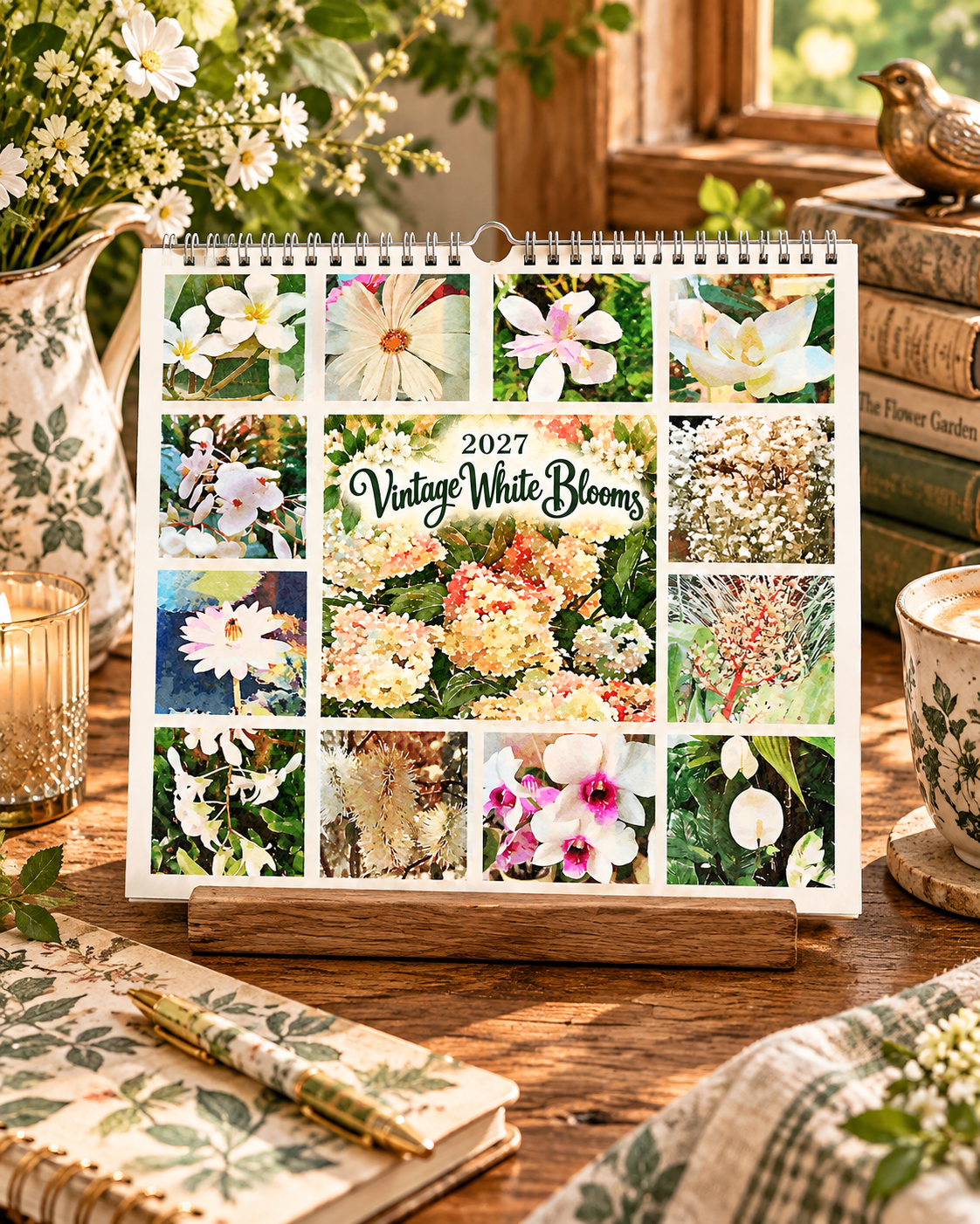 2027 Vintage White Blooms Wall Calendar
