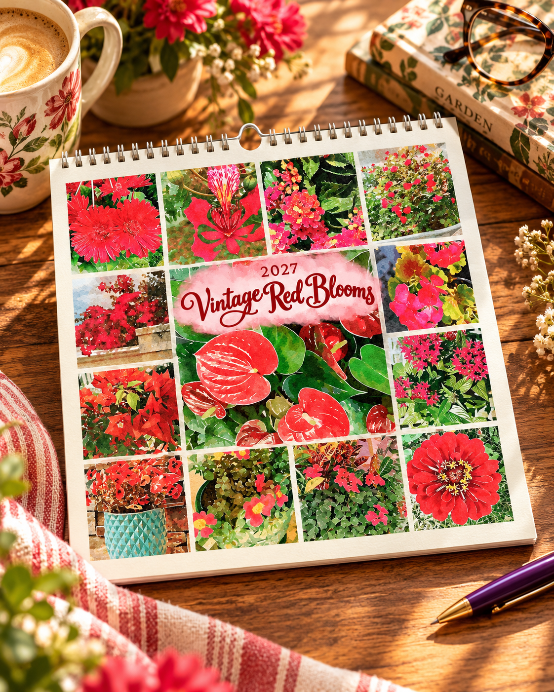 2027 Vintage Red Blooms Wall Calendar