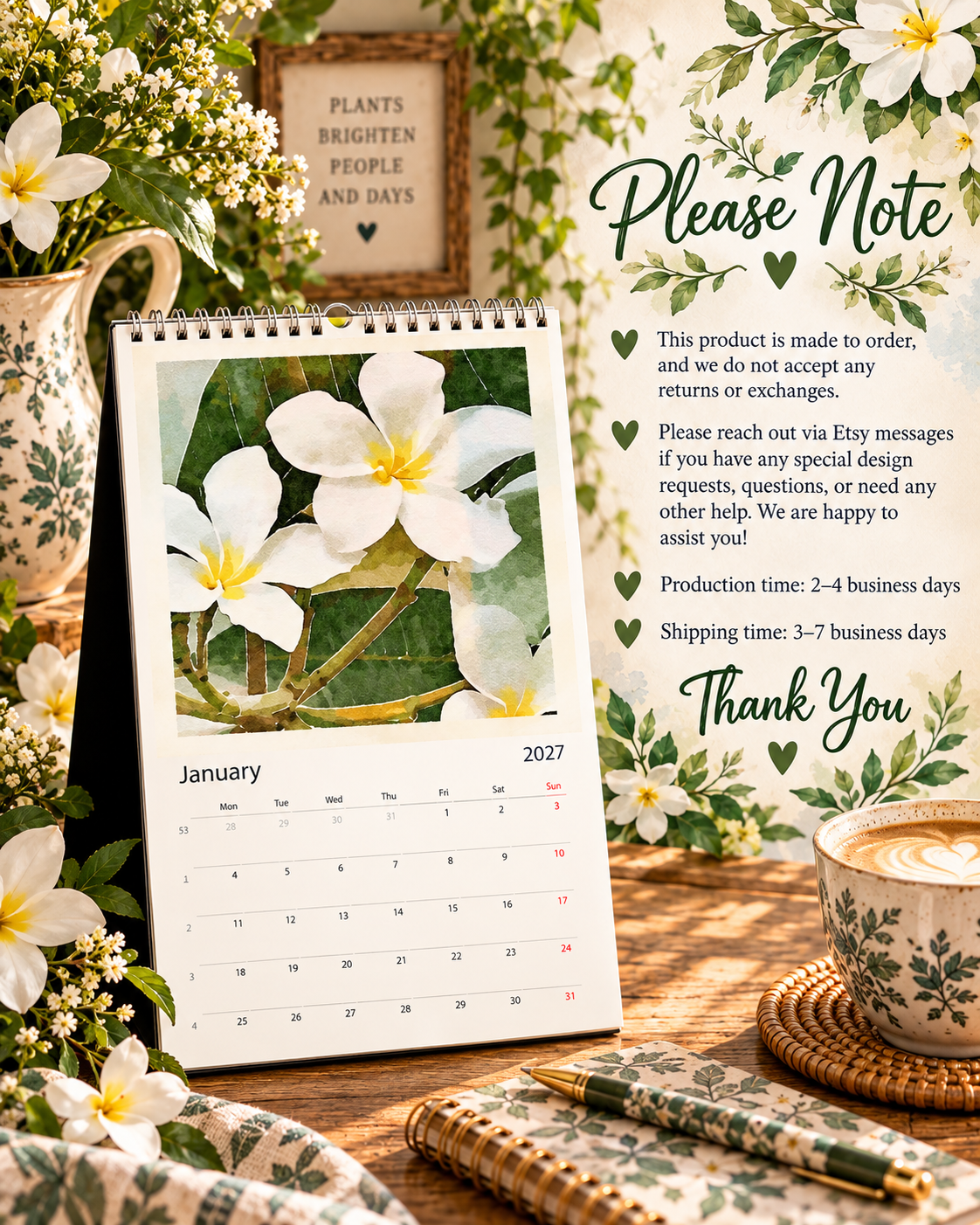 2027 Vintage White Blooms Wall Calendar