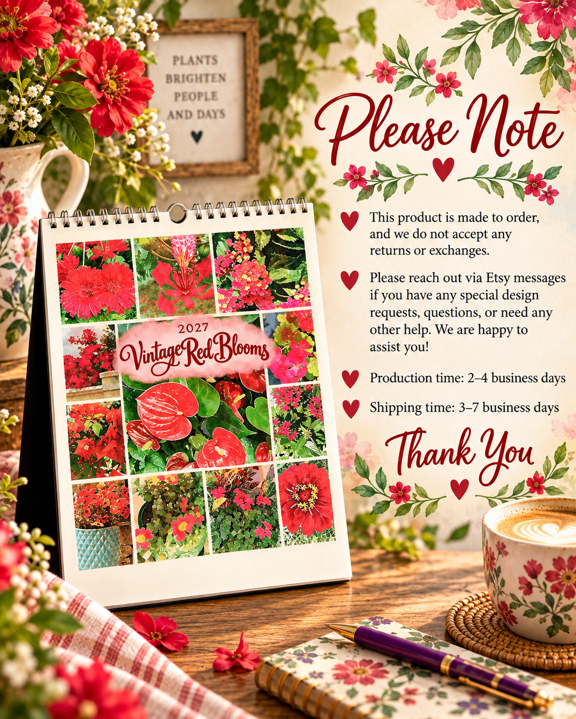 2027 Vintage Red Blooms Wall Calendar