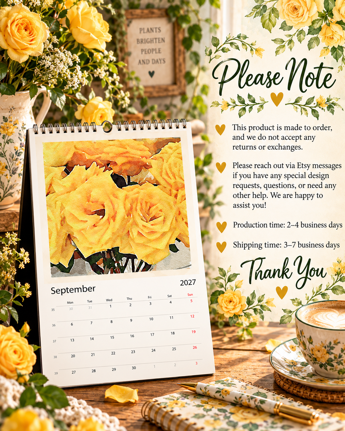 2027 Vintage Yellow Blooms Wall Calendar