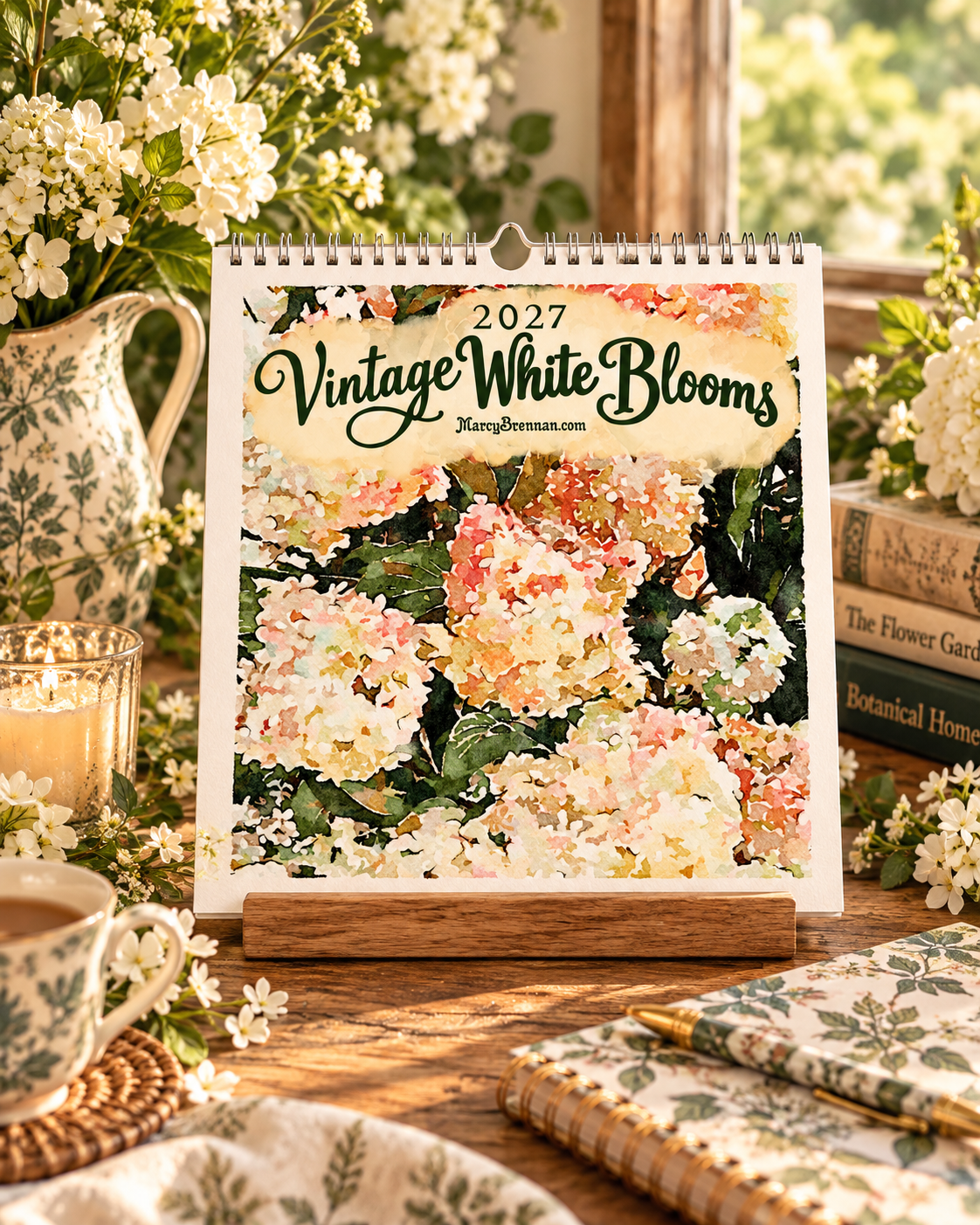 2027 Vintage White Blooms Wall Calendar