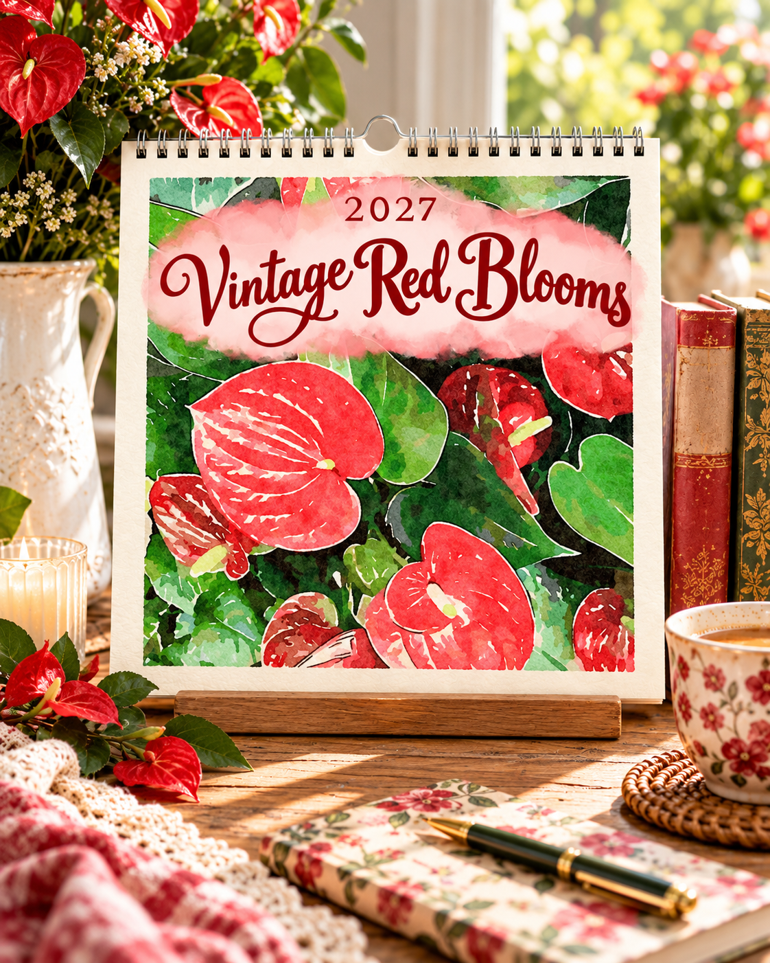 2027 Vintage Red Blooms Wall Calendar