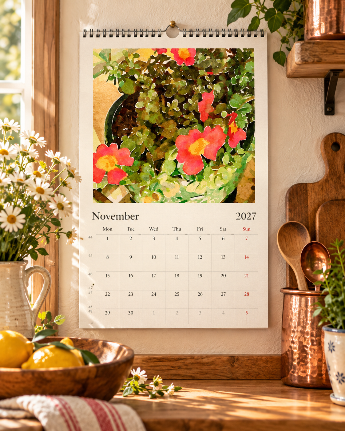 2027 Vintage Red Blooms Wall Calendar