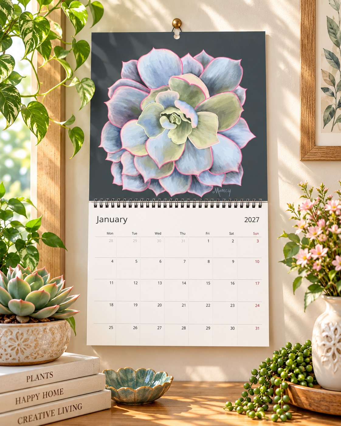 2027 Echeveria Succulents Wall Calendar – Colorful Botanical Calendar, Vibrant Succulent Art for Home & Office