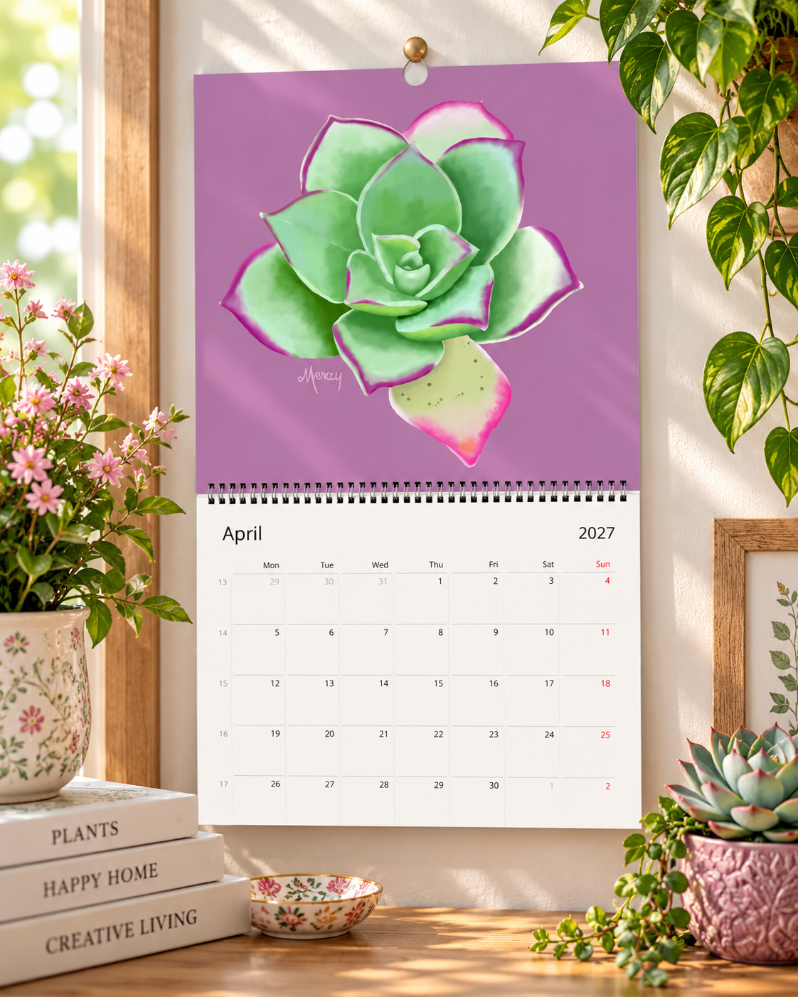 2027 Echeveria Succulents Wall Calendar – Colorful Botanical Calendar, Vibrant Succulent Art for Home & Office