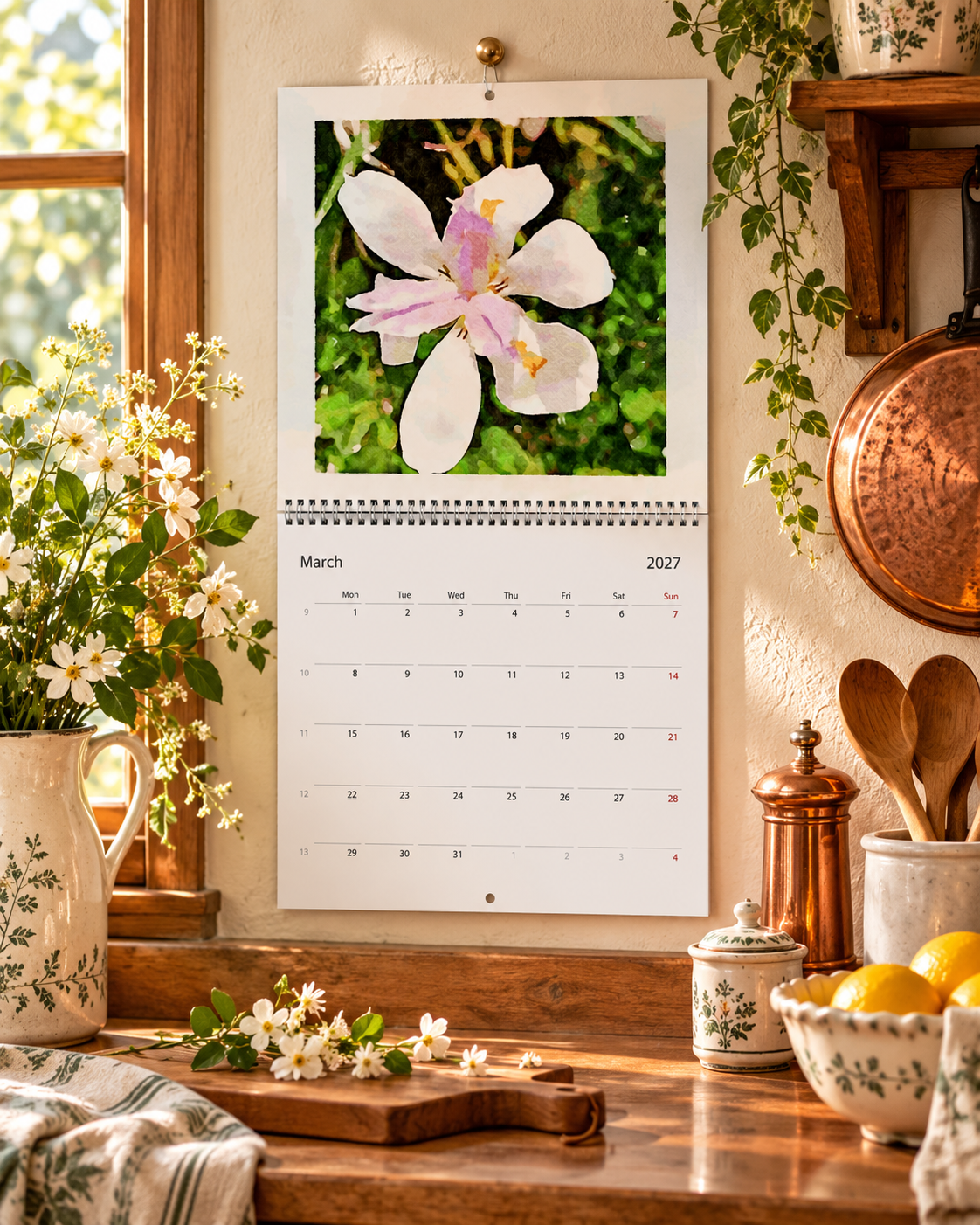 2027 Vintage White Blooms Wall Calendar