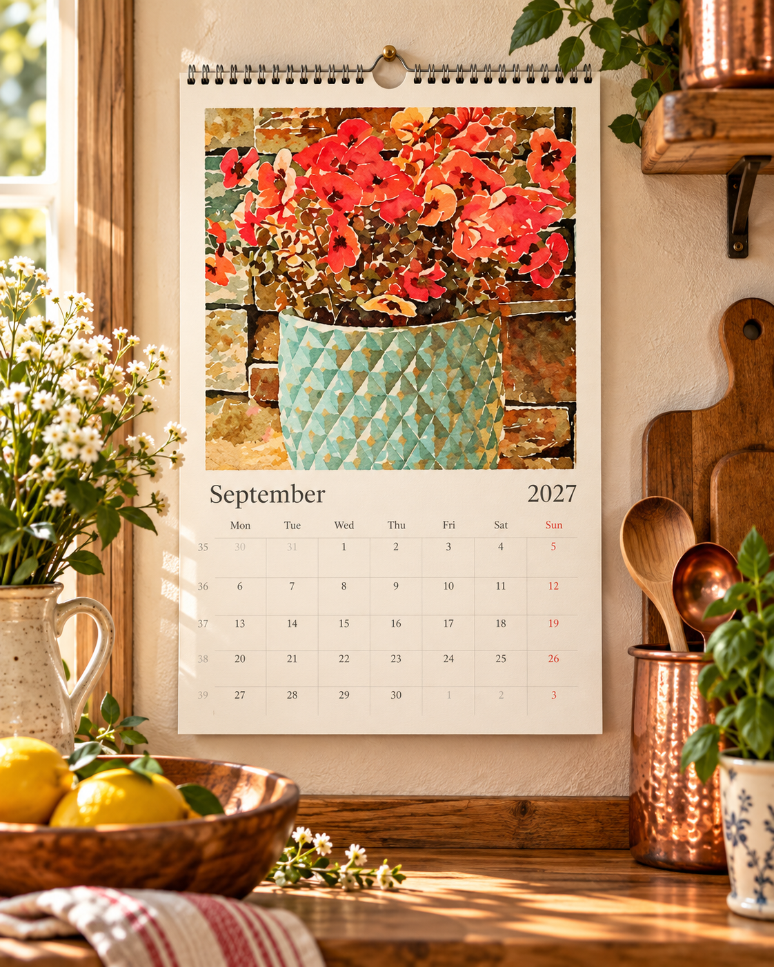 2027 Vintage Red Blooms Wall Calendar