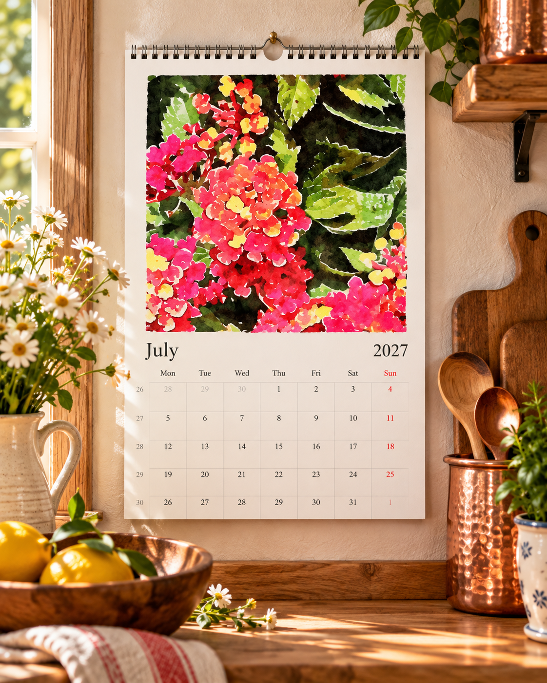 2027 Vintage Red Blooms Wall Calendar