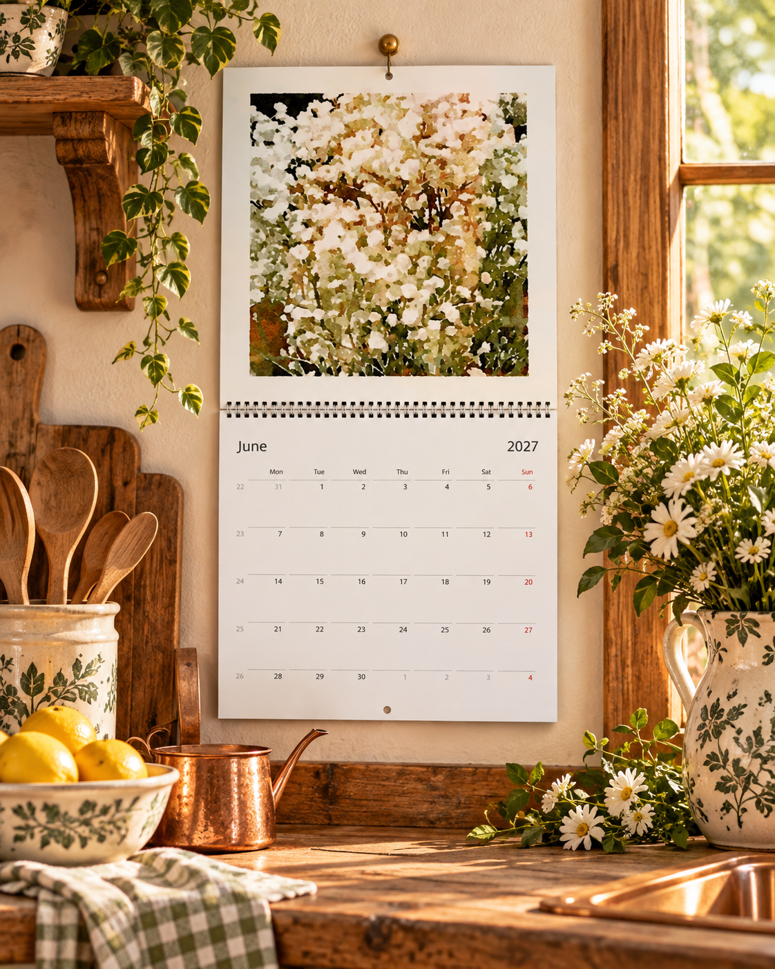 2027 Vintage White Blooms Wall Calendar