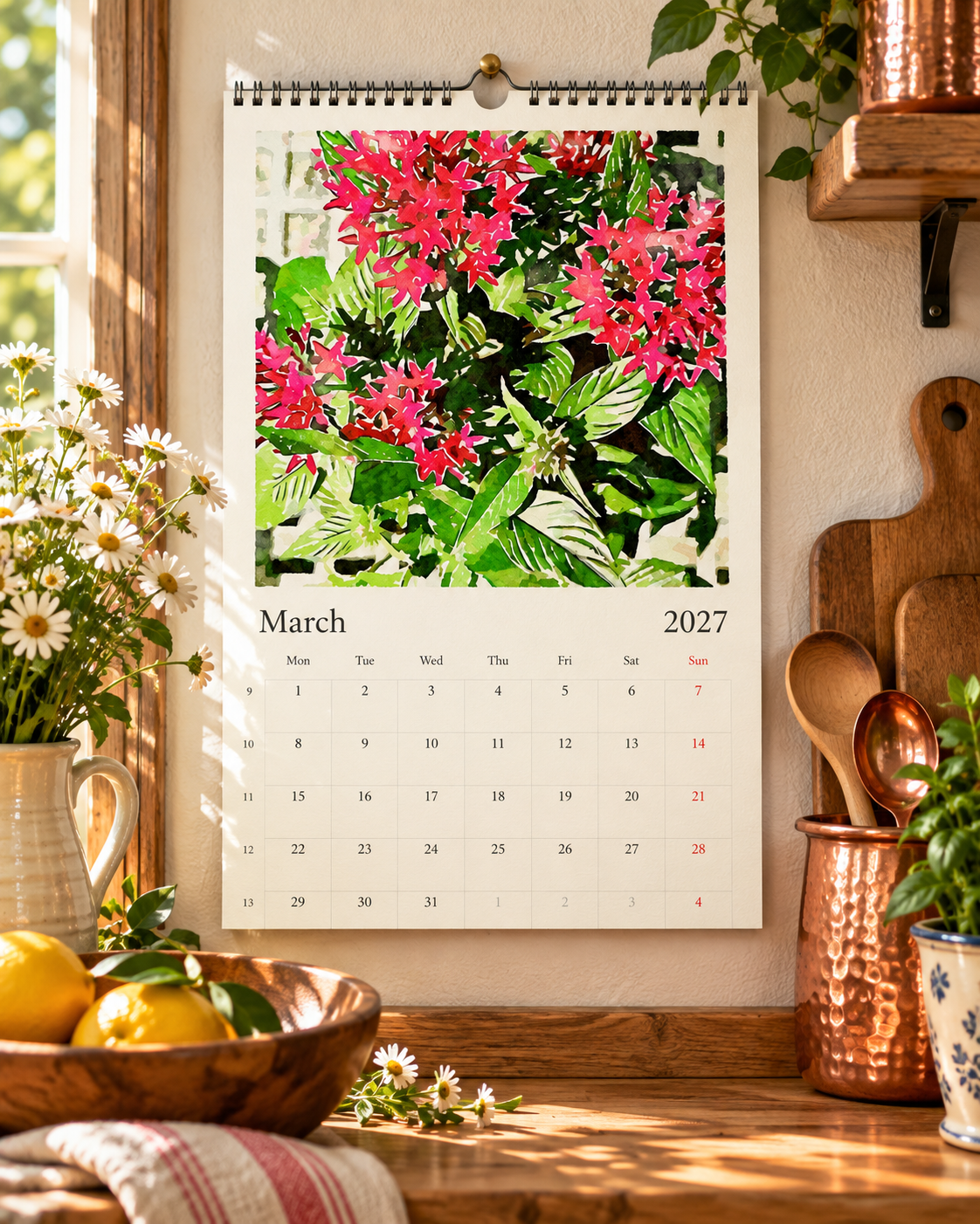 2027 Vintage Red Blooms Wall Calendar