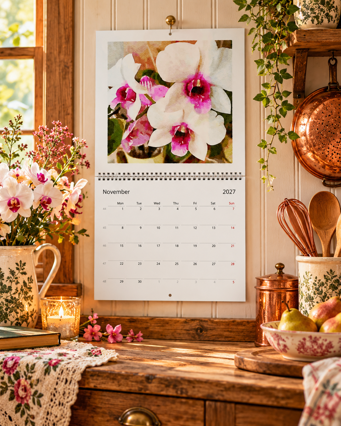 2027 Vintage White Blooms Wall Calendar