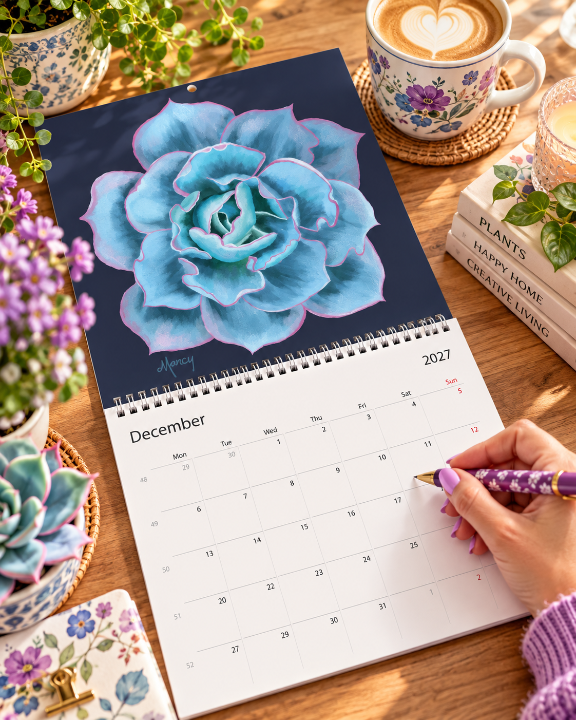 2027 Echeveria Succulents Wall Calendar – Colorful Botanical Calendar, Vibrant Succulent Art for Home & Office