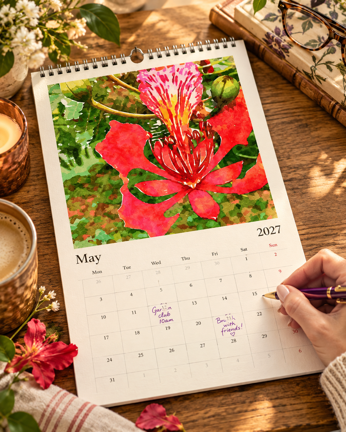 2027 Vintage Red Blooms Wall Calendar