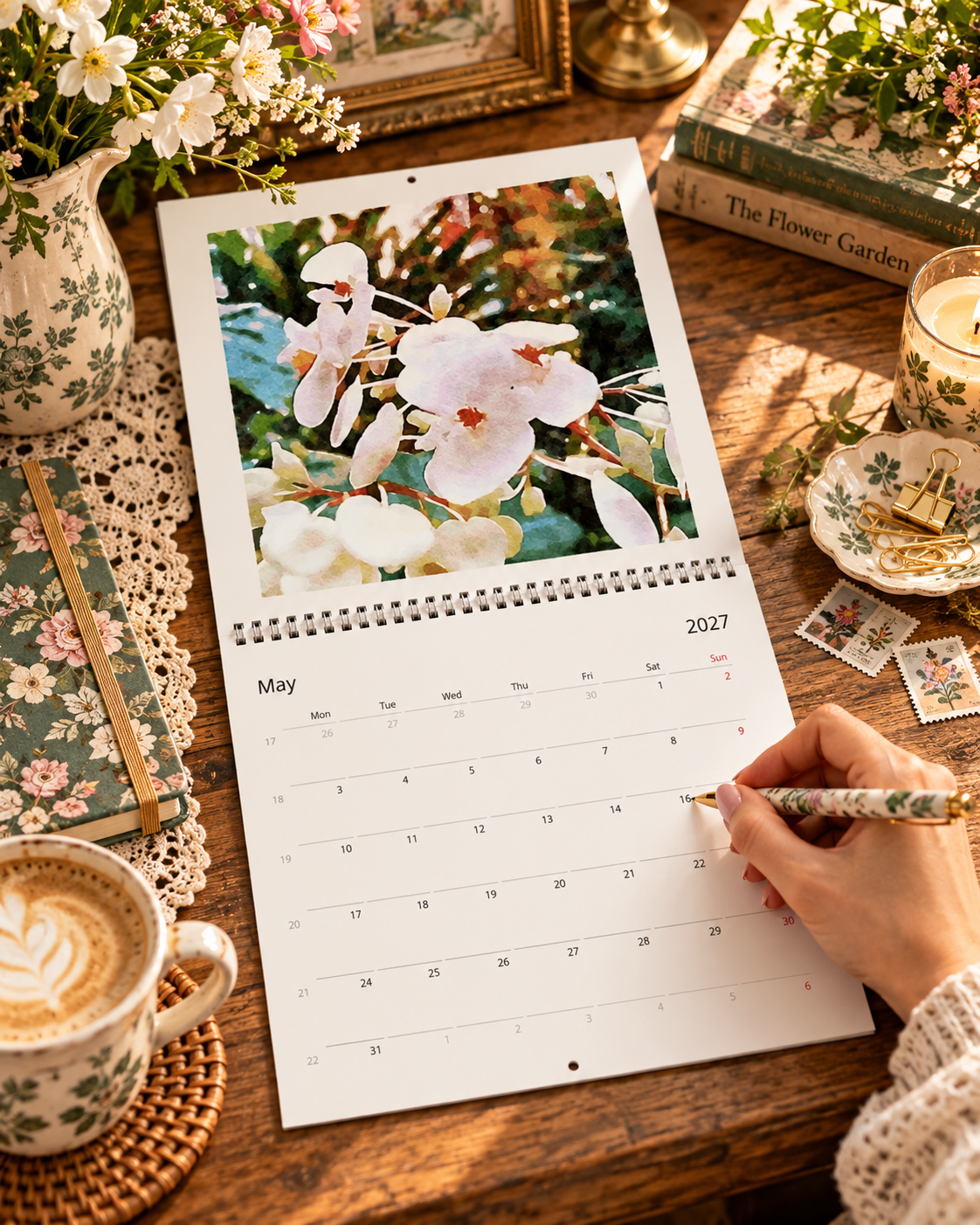 2027 Vintage White Blooms Wall Calendar