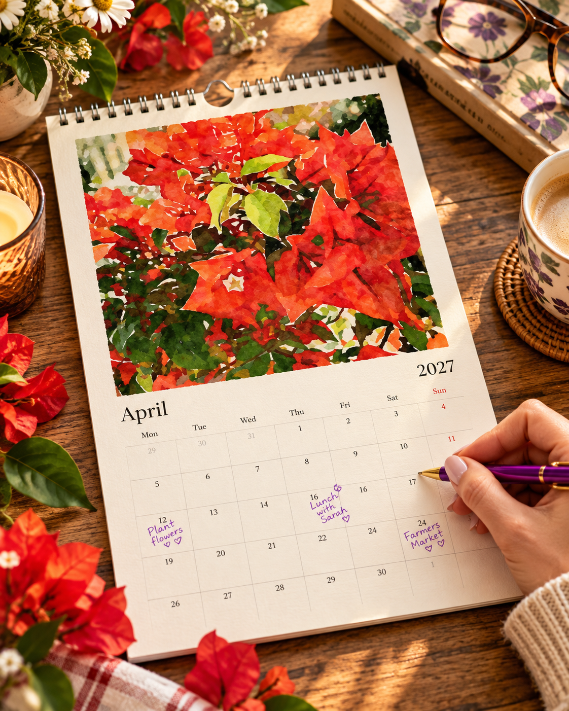 2027 Vintage Red Blooms Wall Calendar