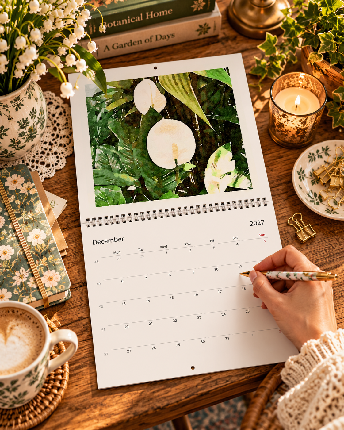 2027 Vintage White Blooms Wall Calendar