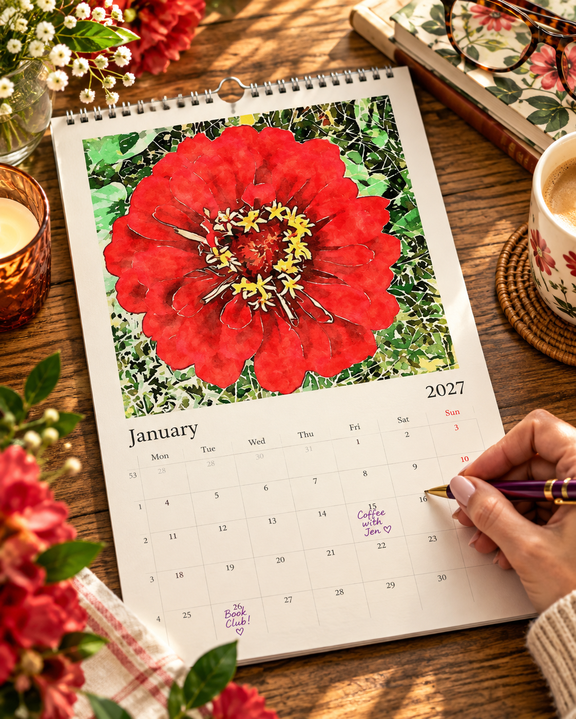 2027 Vintage Red Blooms Wall Calendar