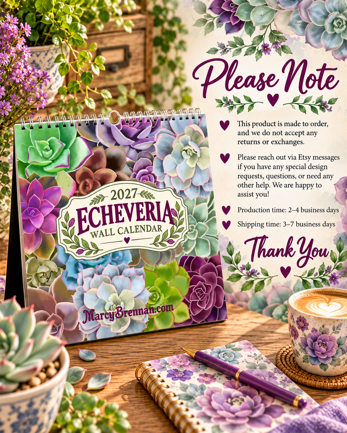 2027 Echeveria Succulents Wall Calendar – Colorful Botanical Calendar, Vibrant Succulent Art for Home & Office