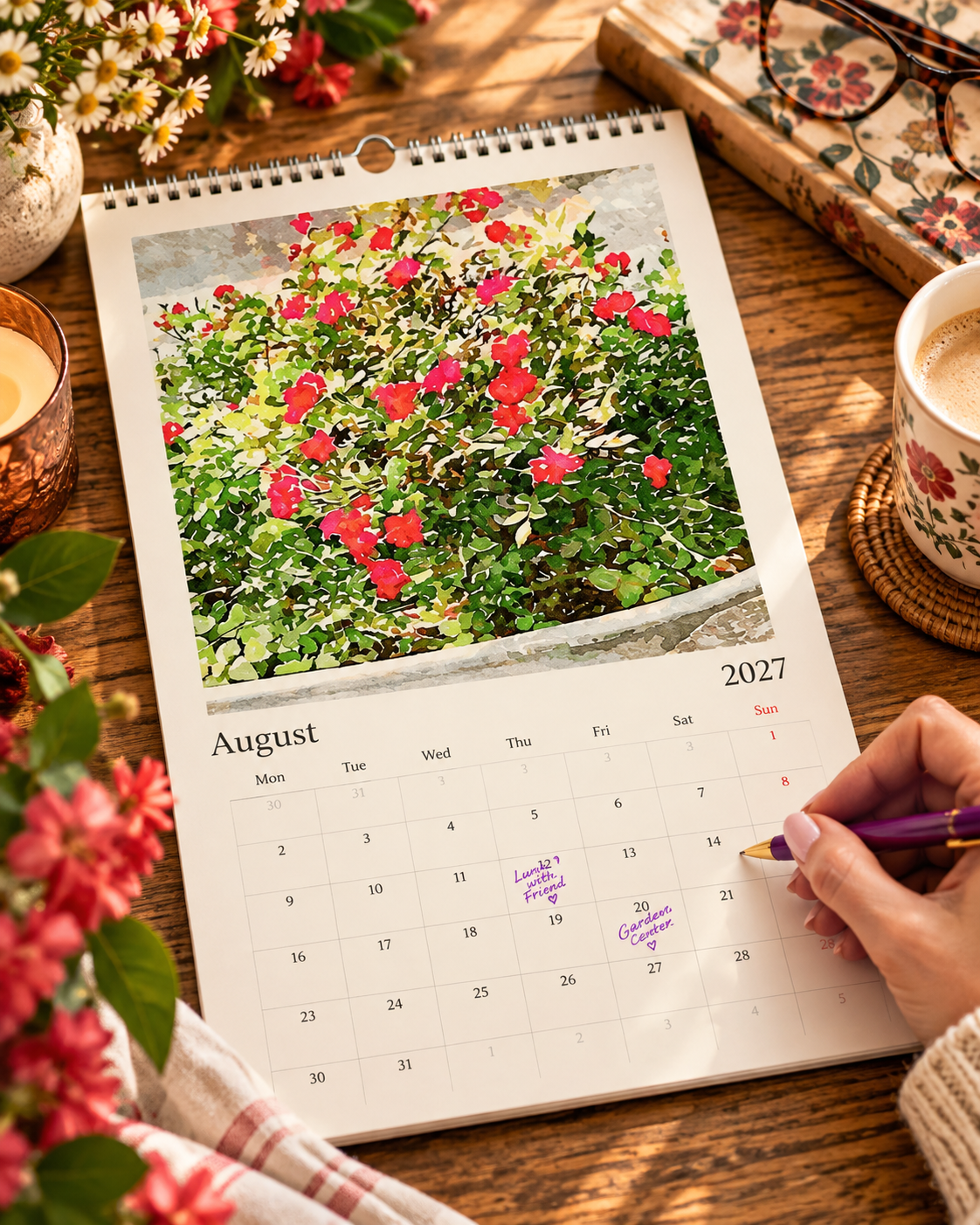2027 Vintage Red Blooms Wall Calendar