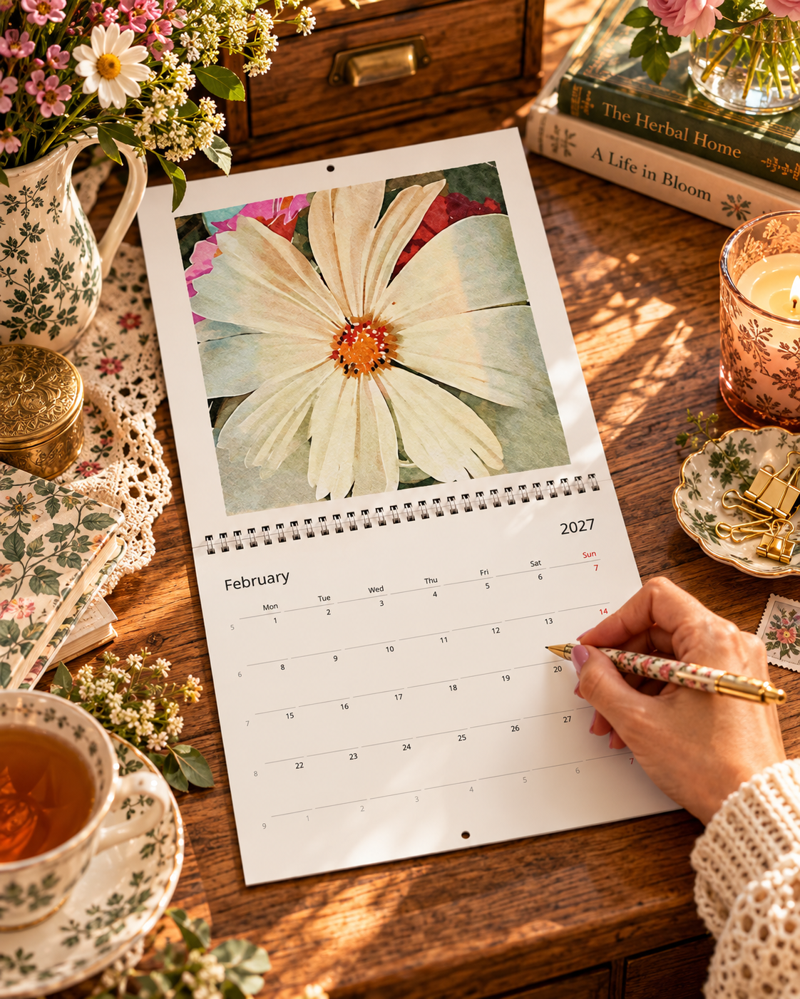 2027 Vintage White Blooms Wall Calendar