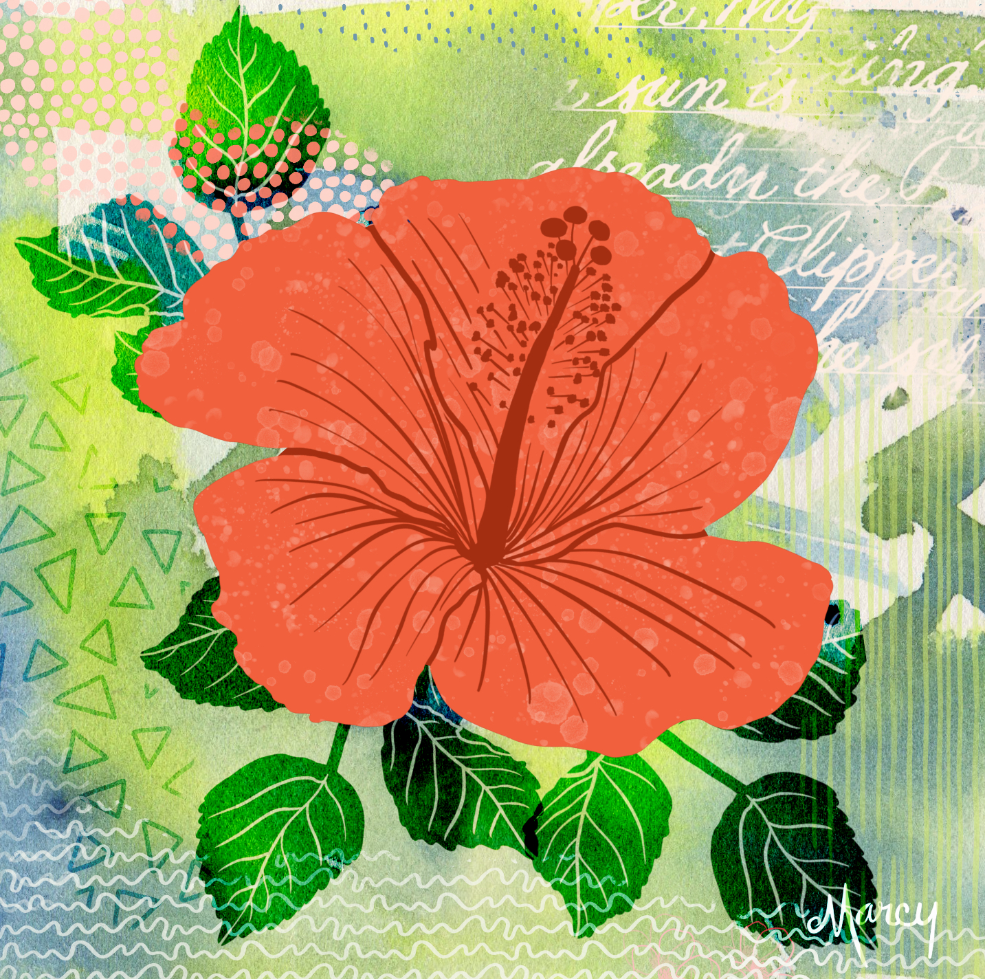 Orange Hibiscus on Abstract Background | Digital Painting | Watercolor Background | Blues | Greens