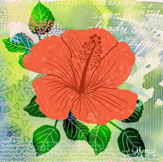 Orange Hibiscus on Abstract Background | Digital Painting | Watercolor Background | Blues | Greens